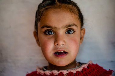 Kullu, Himachal Pradesh, Hindistan - 01 Nisan 2019 : Himalaya köyünde sokaktaki evinin yakınında himachali kız portresi