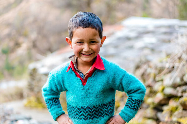 Kullu, Himachal Pradesh, India - August 04, 2018 : Photo of A Himalayan Boy in Himalayas