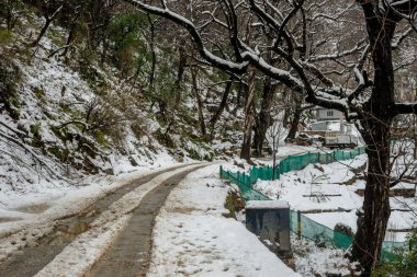 Kullu, Himachal Pradesh, Hindistan - 08 Şubat 2019 : Dağlarda karla kaplı yol - Himalayalar'da görkemli kış manzarası