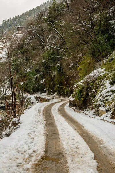 Camino cubierto de nieve en las montañas - Majestuoso paisaje de invierno en himalayas — Foto de Stock