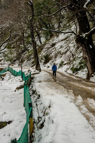 Kullu, Himachal Pradesh, India - 08 de febrero de 2019: Traveller in Mountains - Majestic winter landscape in himalayas — Foto de Stock