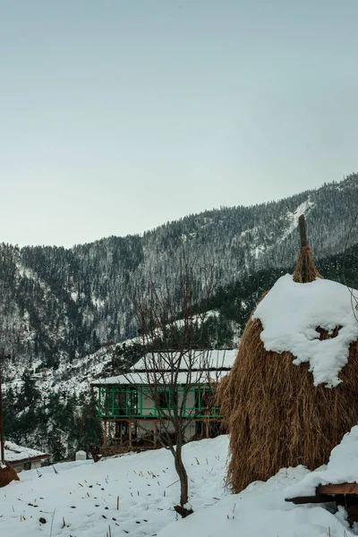 山の中の雪に覆われた木造家屋 - ヒマラヤの雄大な冬の風景 — ストック写真