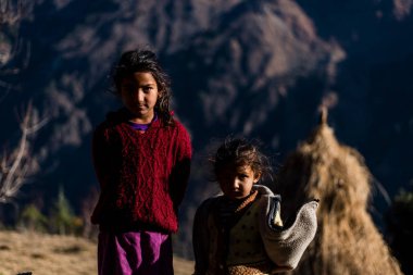 Kullu, Himachal Pradesh, Hindistan - 17 Ocak 2019 : Dağdaki Kız Portresi, Himalayalar -