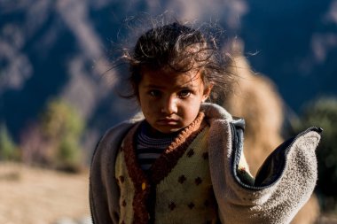 Kullu, Himachal Pradesh, Hindistan - 17 Ocak 2019 : Dağdaki Kız Portresi, Himalayalar -
