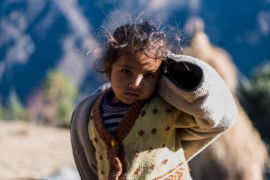 Kullu, Himachal Pradesh, Hindistan - 17 Ocak 2019 : Dağdaki Kız Portresi, Himalayalar -