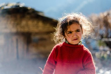 Kullu, Himachal Pradesh, Hindistan - 17 Ocak 2019 : Dağdaki Kız Portresi, Himalayalar -
