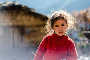 Kullu, Himachal Pradesh, Hindistan - 17 Ocak 2019 : Dağdaki Kız Portresi, Himalayalar -