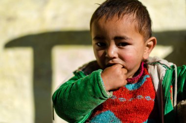 Kullu, Himachal Pradesh, Hindistan - 17 Ocak 2019 : Dağdaki çocuk portresi, Himalaya lar -