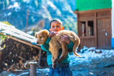 Kullu, Himachal Pradesh, Hindistan - 26 Ocak 2019 : Dağlarda köpekle oynayan mutlu çocuk