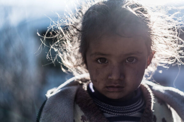 Kullu, Himachal Pradesh, India - January 17, 2019 : Portrait of Girl in mountain, Himalayan people -