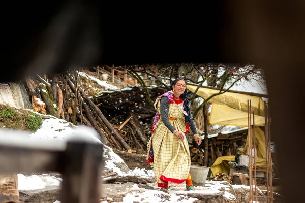 Куллу, Химачал-Прадеш, Индия - 25 января 2019 года: химачальская женщина в традиционном платье играет в снегу зимой — стоковое фото