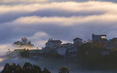 Sis kapağı Dalat Yaylası toprakları, Vietnam, arka plan ile büyü yoğun sis ve güneş ışınları, şafakta güneş