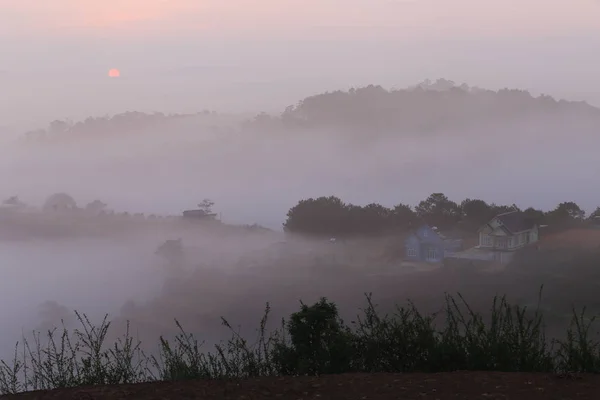 Παρασκήνιο Ήλιο Και Μαγεία Πυκνό Κάλυμμα Αγρόκτημα Ομίχλη Στο Sunrise — Φωτογραφία Αρχείου