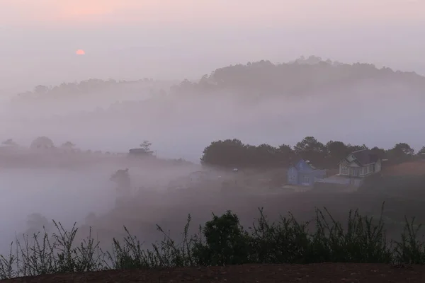 背景与太阳和神奇密集的覆盖农场雾在日出 — 图库照片