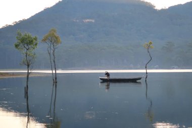 göl ve kayıkçı bahar güneş doğarken yansıtan yeşil taze yaprakları ile batık ağaçlar