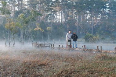 batık ağaçlar gölde sihirli ışık, sis ve insanlar doğarken aktif yansıtan