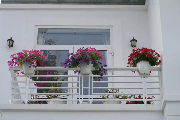 Piccoli Vasi Fiori Accanto Balconi Recinti Utilizzati Decorare Vostra Casa — Foto Stock