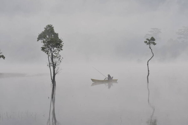 submerged trees and fishing man on the lake with dense fog and magic light at sunrise