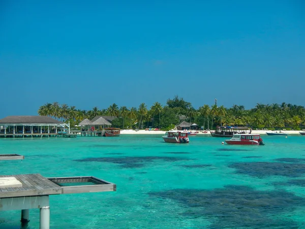 Tropik ada lagün açık mavi su ve bir kaç tur tekneleri ile bir yaz tatili için yeşil yemyeşil bitki örtüsü ile bir pastoral kumlu plaj yakınındaki demirleyen
