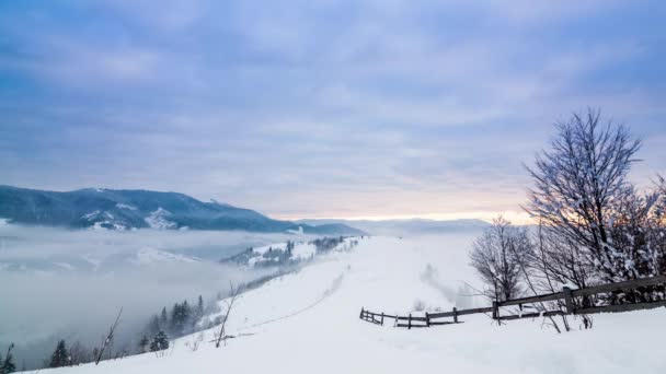 Berggipfel mit Schneeverwehungen durch Wind. Winterlandschaft. Kalter Tag mit Schnee. — Stockvideo