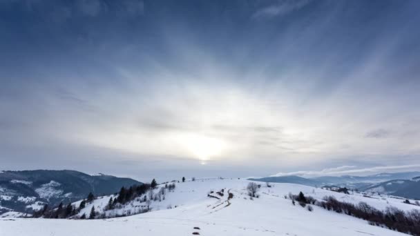 山顶上被风吹着雪.冬季风景。寒冷的日子，下着雪. — 图库视频影像
