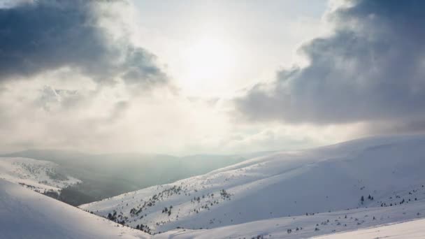 Hermoso paisaje de invierno con árboles cubiertos de nieve. Montañas de invierno. — Vídeos de Stock