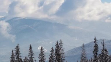 Karla kaplı ağaçlarla kaplı güzel bir kış manzarası. Kış dağları.