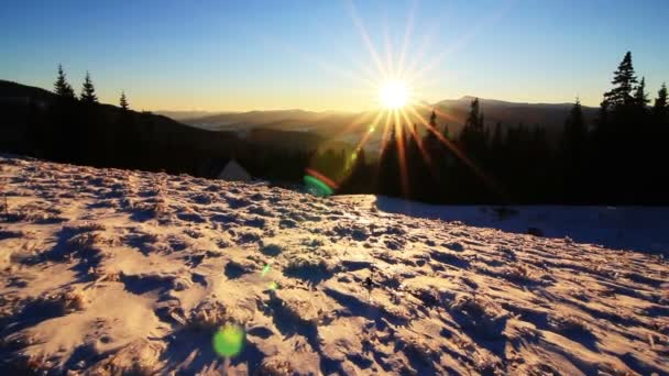 Soleil doré touchant la montagne au coucher du soleil. Hiver en montagne. Ukraine Carpates Dragobrat — Video