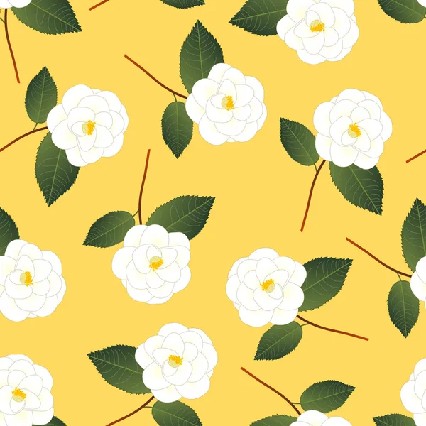 White Camellia Flower on Yellow Background. Vector Illustration.