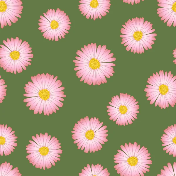 Pink Aster Daisy Seamless Sobre Fondo Verde Ilustración Vectorial — Vector de stock
