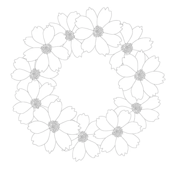 Cosmos Flower Outline Wreath. Vector Illustration.
