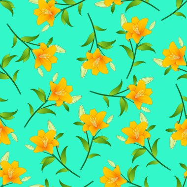 Lilium candidum, Madonna lily veya yeşil nane arka planda turuncu Lily. Vektör çizim.