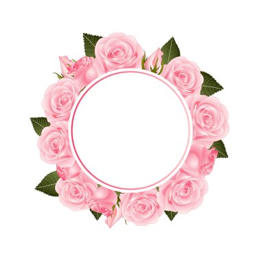 Pembe gül çiçek afiş çelenk. Beyaz arka plan üzerinde izole. Vektör çizim.