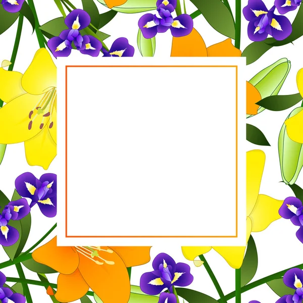 Bordo Giallo Arancione Giglio Blu Iris Flower Banner Card Sfondo — Vettoriale Stock