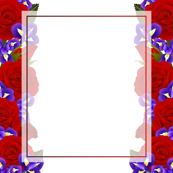 Red Rose Iris Flower Frame Banner Card Border Isolated White — Stock Vector