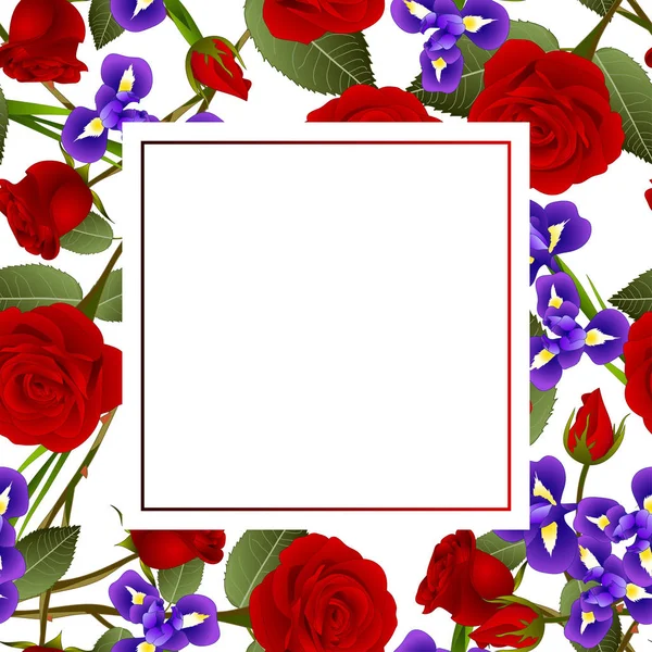 Red Rose Iris Flower Frame Banner Card Border Isolato Sfondo — Vettoriale Stock