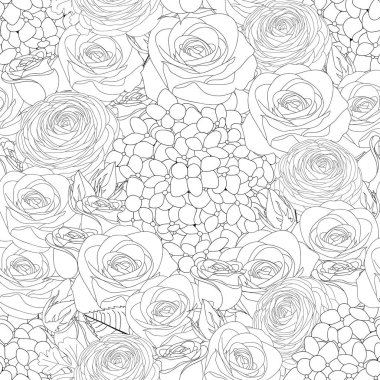 Gül, ortanca ve Düğünçiçeği anahat kesintisiz arka plan. Vektör çizim.