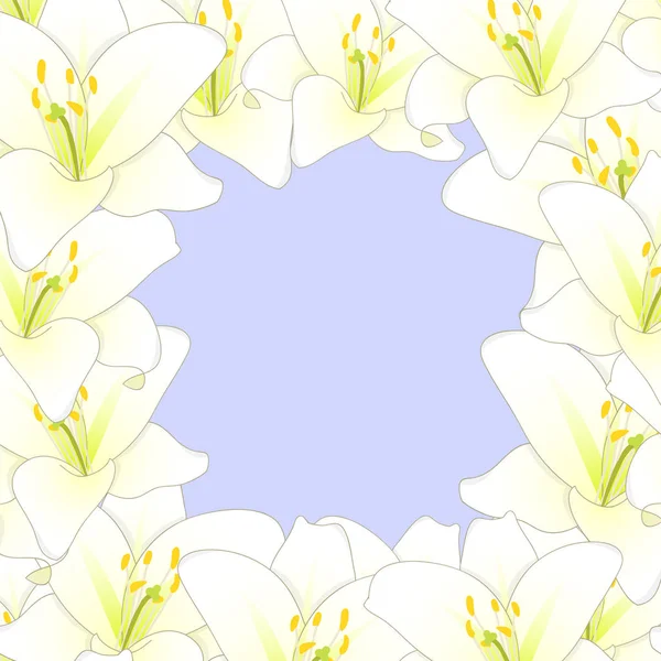 Weiße Lilie Blume Rand Isoliert Auf Violettem Hintergrund Vektorillustration — Stockvektor