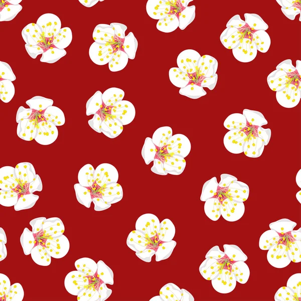 Weiße Pflaumenblüten Blühen Nahtlos Auf Rotem Hintergrund Vektorillustration — Stockvektor