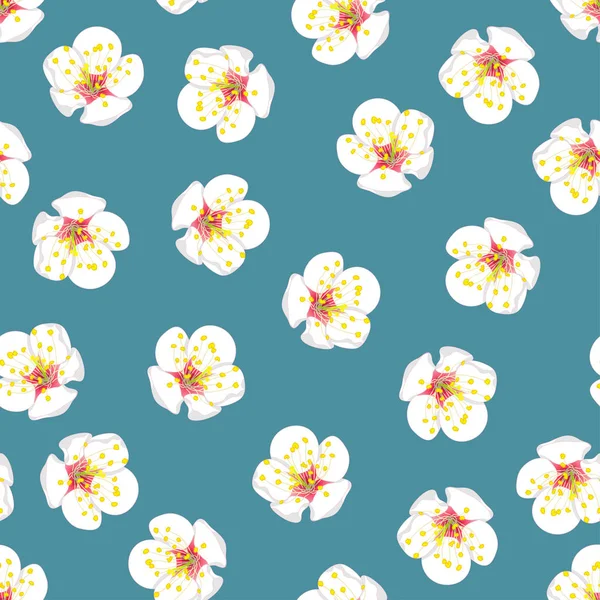 Witte Plum Blossom Flower Naadloze Blauwe Achtergrond Vectorillustratie — Stockvector