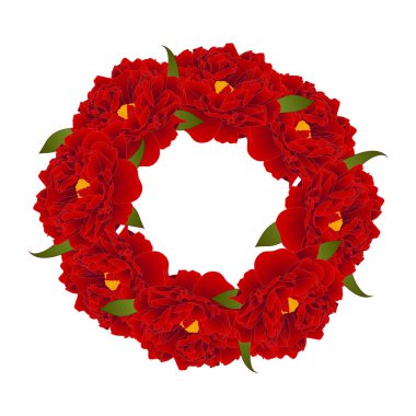 Beyaz arka plan üzerinde izole kırmızı Peony çiçek çelenk. Vektör çizim.