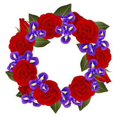 Kırmızı gül ve Iris Çiçek çelenk. Beyaz arka plan üzerinde izole. Vektör çizim.