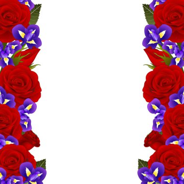 Kırmızı gül ve Iris çiçeği çerçeve kenarlığı. Beyaz arka plan üzerinde izole. Vektör çizim.