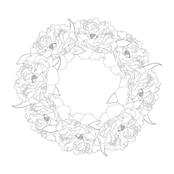 牡丹花の花輪のアウトライン白背景に分離されました ベクトル図 — ストックベクタ