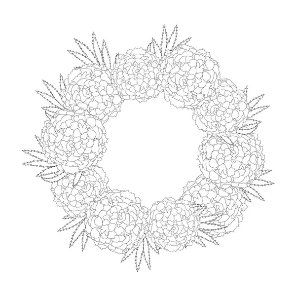 Flor Calêndula Tagetes Wreath Outline Isolado Fundo Branco Ilustração Vetorial —  Vetores de Stock