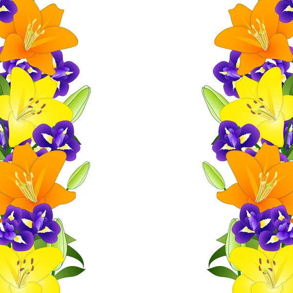 Yellow, Orange Lily and Blue Iris Flower Border on White Background. Vector Illustration.