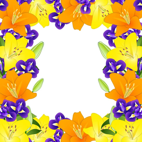 Amarillo Naranja Lirio Azul Iris Flor Frontera Sobre Fondo Blanco — Vector de stock