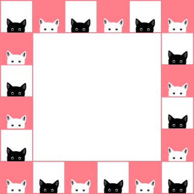 Sınır pembe arka plan siyah beyaz kedi satranç tahtası. Vektör çizim