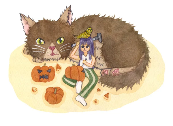 Mädchen Schnitzen Kürbis Mit Katze Und Vogel Halloween Illustration — Stockfoto