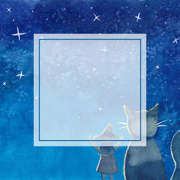 Cadı Kedi Mavi Galaxy Gece Gökyüzü Suluboya Afiş Kartı Resimde — Stok fotoğraf